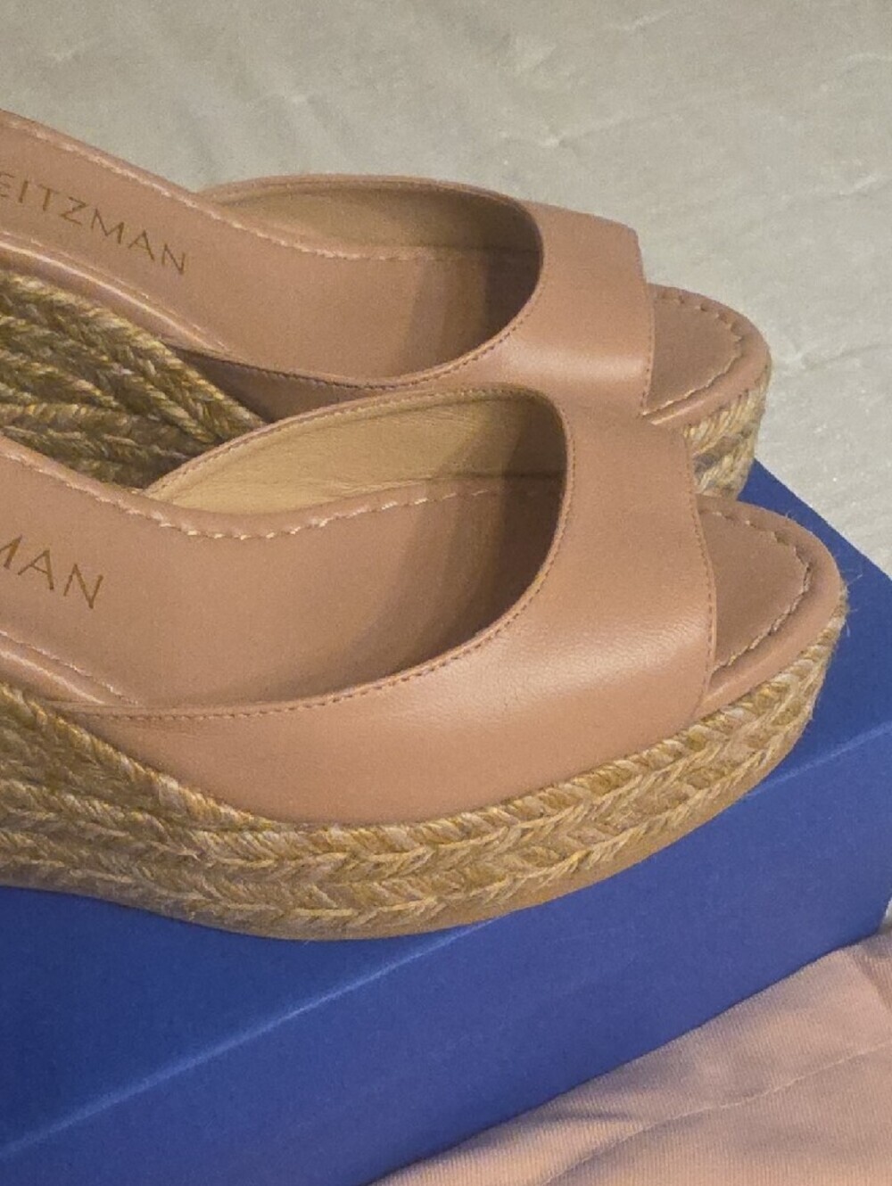 Stuart Weitzman Leather Blush Tan Espadrille Wedge Sandals with Ankle Strap 8.5 - Picture 9 of 16